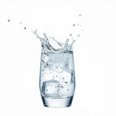 Refreshing water splash with ice cubes in a clear glass on white background