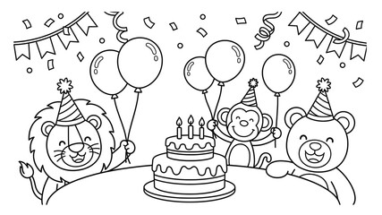 Cute lion, monkey, and bear celebrating a birthday party with balloons and a cake, surrounded by festive decorations, creating a joyful atmosphere for coloring fun