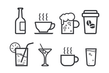 Fototapeta premium Isolated icon set of drink containers including coffee paper cup, tea cup, beer glass, and wine glass designed in simple outline style.