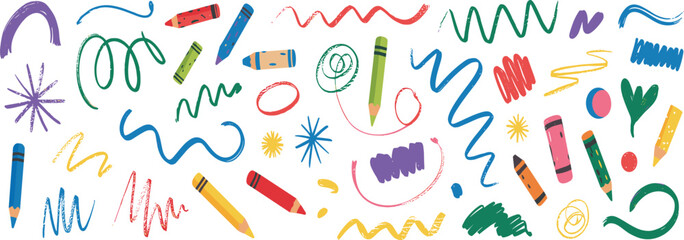 Colorful pencil icon set, hand-drawn sketch shapes, playful art supply illustration, creative drawing elements on white background