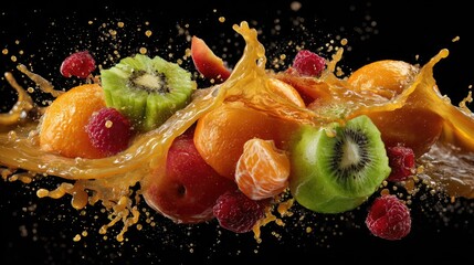A refreshing splash of water over a vibrant assortment of fresh fruits