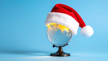 Globe with Santa hat glowing on blue background, symbolizing festive global unity.