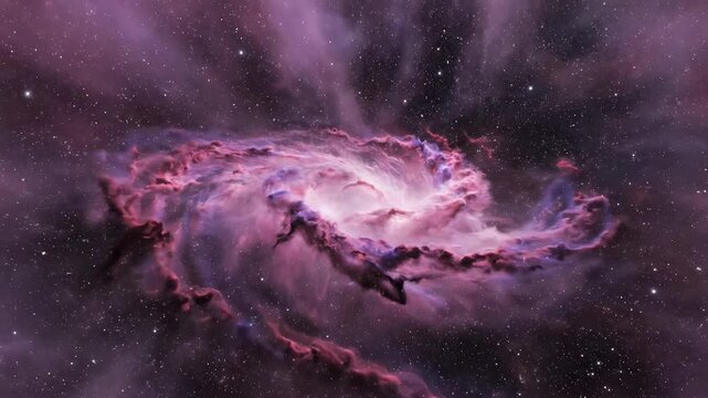 Volumetric cloud of vibrant pink and purple cosmic dust being stretched and pulled chaotically by unseen spatial distortion forces cosmic, background, volatile