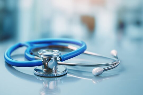 Blue stethoscope resting on a smooth table surface in a medical setting with soft background details and focused design