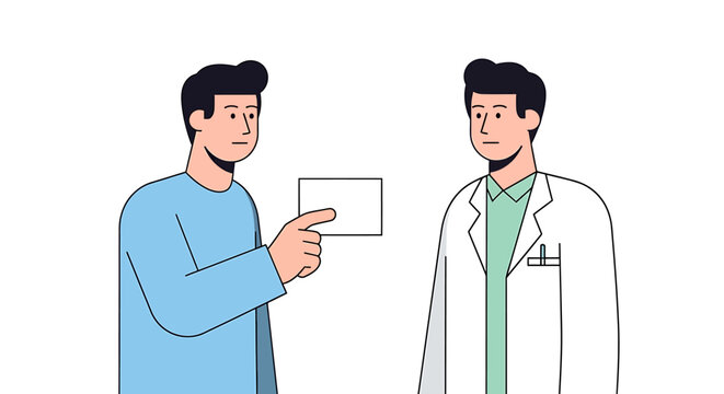 Patient consulting with a doctor, holding a blank card. - Powered by Adobe