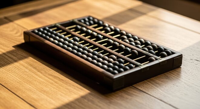 Traditional wooden abacus calculator on a warm wooden table surface