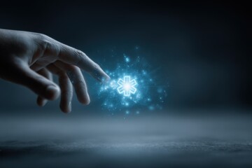 Hand reaches toward a glowing blue health symbol in a dark setting, showcasing the interaction with digital elements and symbolic health representation