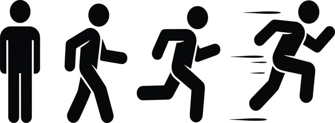 Human movement silhouette icon set, walking to running progression, dynamic motion design, black figure activity illustration