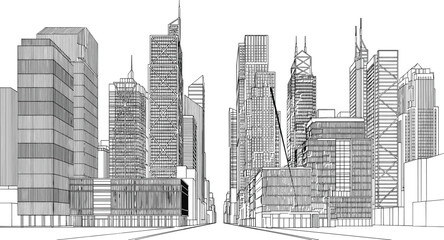 Naklejka premium Modern city skyline line art illustration, architectural perspective drawing of skyscrapers and urban street, black and white vector sketch