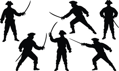 Pirate silhouette icon set, colonial sword fighter poses, historical combat illustration, tricorn hat character design