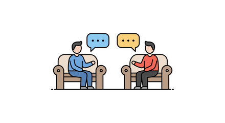 Two people in therapy sitting in armchairs conversing with speech bubbles perfect for illustrating counseling mental health support empathy.