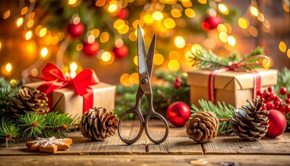 Scissors upright among Christmas decorations with gifts, cookies, pinecones, and blurred festive lights.
