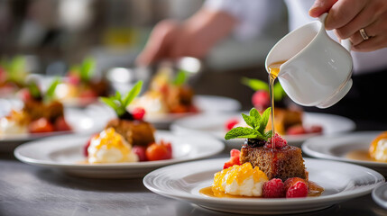 Chef’s pass, tea poured to pair with dessert course, plated elegance, fine dining choreography, with copy space