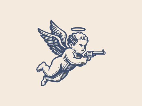 Armed cherub with gun vintage engraving vector illustration