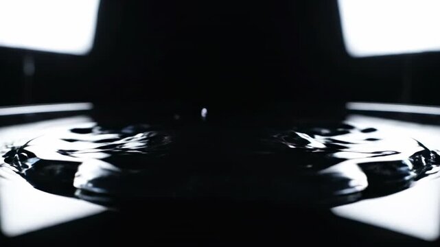 Ultra slow motion clear viscous liquid droplet dissolving and spreading outward across a reflective black void surface splash, transparency, microscopic