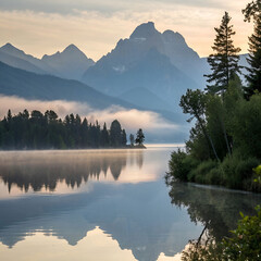 Naklejka premium Peaceful lake reflecting majestic mountains under a soft sunrise glow.
