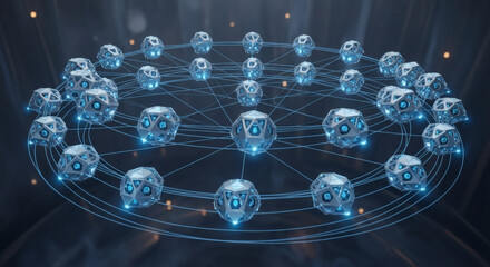 Interconnected Network of Abstract Geometrical Shapes with Glowing Nodes
