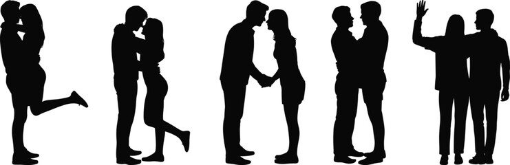 Romantic couple silhouettes vector set, lovers kissing and hugging, wedding engagement design, people in love isolated black figures, relationship collection