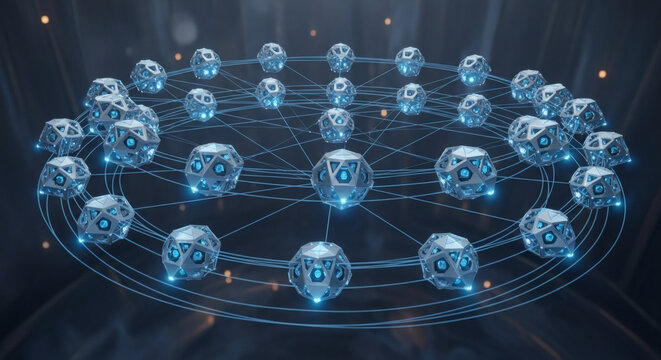 Interconnected Network of Abstract Geometrical Shapes with Glowing Nodes - Powered by Adobe