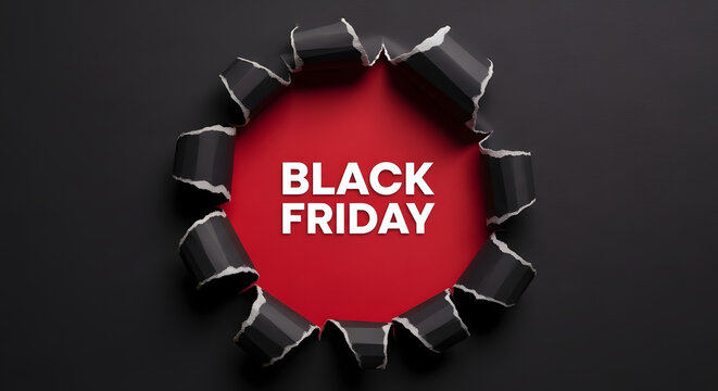 Black friday sale announcement with torn paper effect revealing a red background with bold white text - Powered by Adobe