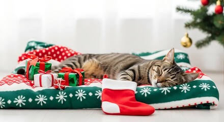 A cute tabby cat peacefully sleeps on a festive Christmas blanket surrounded by holiday gifts and a small red boot, capturing the cozy spirit of the season.