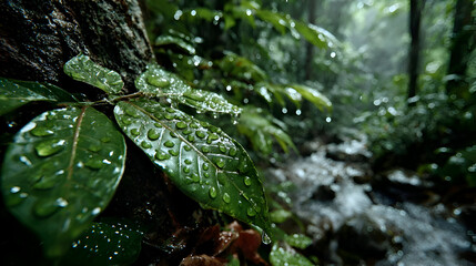 Obraz premium Wet Green Leaves with Water Droplets in Lush Forest