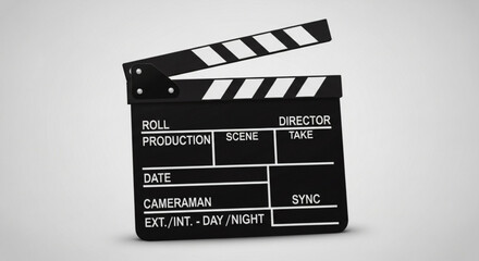 Fototapeta premium A realistic 3d rendering of a black movie film clapperboard or slate with white markings against a light gray background for cinema production concept
