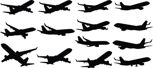 Set of airplane silhouettes, commercial jet flying poses, aviation transport collection, aircraft taking off, black vector illustration, travel concept