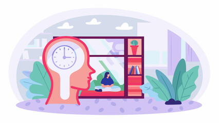 Mindfulness and meditation concept illustration showing a clock inside a human head silhouette with a person meditating indoors
