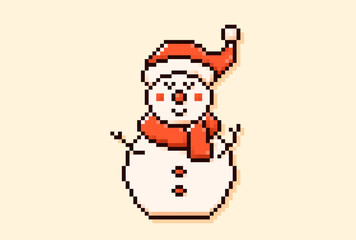 Pixel art Christmas snowman in a scarf and Santa Claus hat.