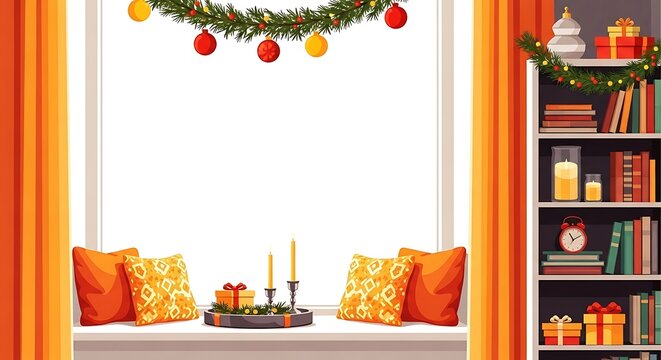 Cozy Christmas window scene featuring festive garlands, ornaments, warm candles, soft cushions, and a decorated bookshelf. Ideal holiday background. - Powered by Adobe