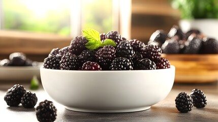 Fresh blackberries served in a white bowl on a wooden table, showcasing vibrant colors and natural light
