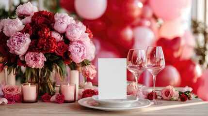 Table setting with pink balloons, flowers, candles, and blank card decor