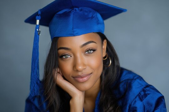 Beautiful young black woman celebrating graduation in a blue cap and gown with a joyful expression, showcasing her accomplishments and pride in her achievements