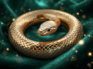 Coiled Golden Snake on Emerald Fabric