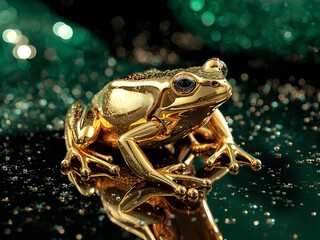 Golden Frog on Shiny Reflective Surface