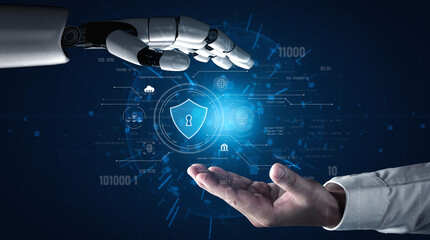 AI securing digital infrastructure, analyzing biometric authentication, monitoring threats, and managing identity protection through intelligent cybersecurity protocols. Vouch