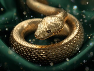 Golden Coiled Snake with Gem-like Eyes on Emerald Fabric