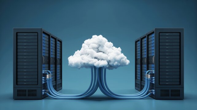 A visual representation of cloud computing, featuring servers connected through blue cables, depicting data flow and technological infrastructure.