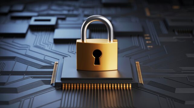 A golden padlock rests on a dark circuit board, symbolizing security and technology interconnection.