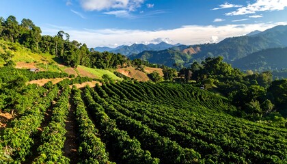 Lush green coffee plantation on a hillside, under a bright blue sky with a few clouds