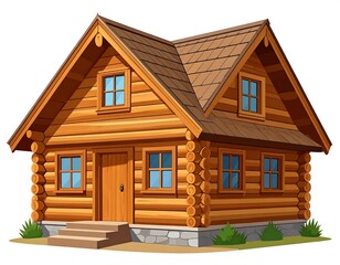 Cartoon illustration of a cozy wooden cabin with brown roof and blue windows