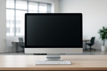 Blank desktop computer screen mock up in modern office interior with copy space on monitor for branding, poster, or design presentation display. Ai generative