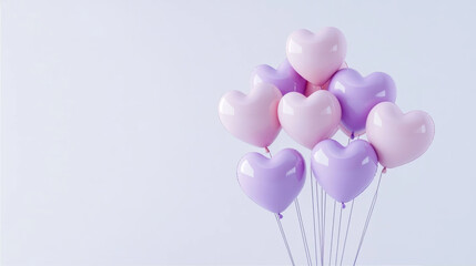 Bunch of pastel purple and pink heart shaped balloons on white background