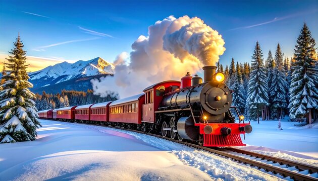 Red steam train in snowy forest with mountains and blue sky.