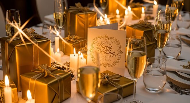 Happy birthday gifts celebration party candles champagne glasses golden presents card event holiday