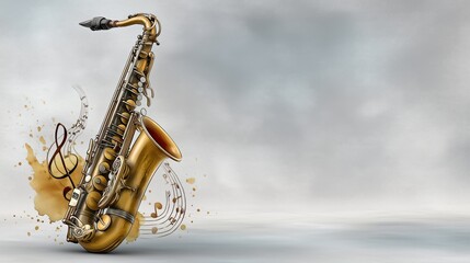 Obraz premium Hobby music mood expressed through saxophone with delicate watercolor strokes creating balanced artistic layout where wide white area emphasizes subtle creative detail