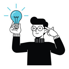 Conceptual illustration depicting a moment of brilliance, where a thoughtful individual finds an innovative solution, symbolized by a brightly glowing light bulb representing a new idea or insight