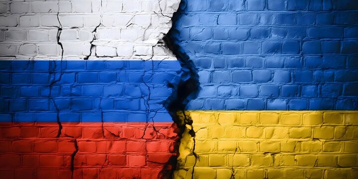 Russia ukraine flags on crumbling wall illustrating conflict - Powered by Adobe