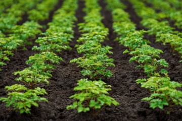 Rows of healthy currant bush seedlings thriving in rich soil, showcasing growth in a well-tended agricultural field during springtime